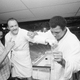 Al Braverman, left, looks on as Chuck Wepner and Muhammad Ali mug in Cleveland, 1975. Photo credit: AP